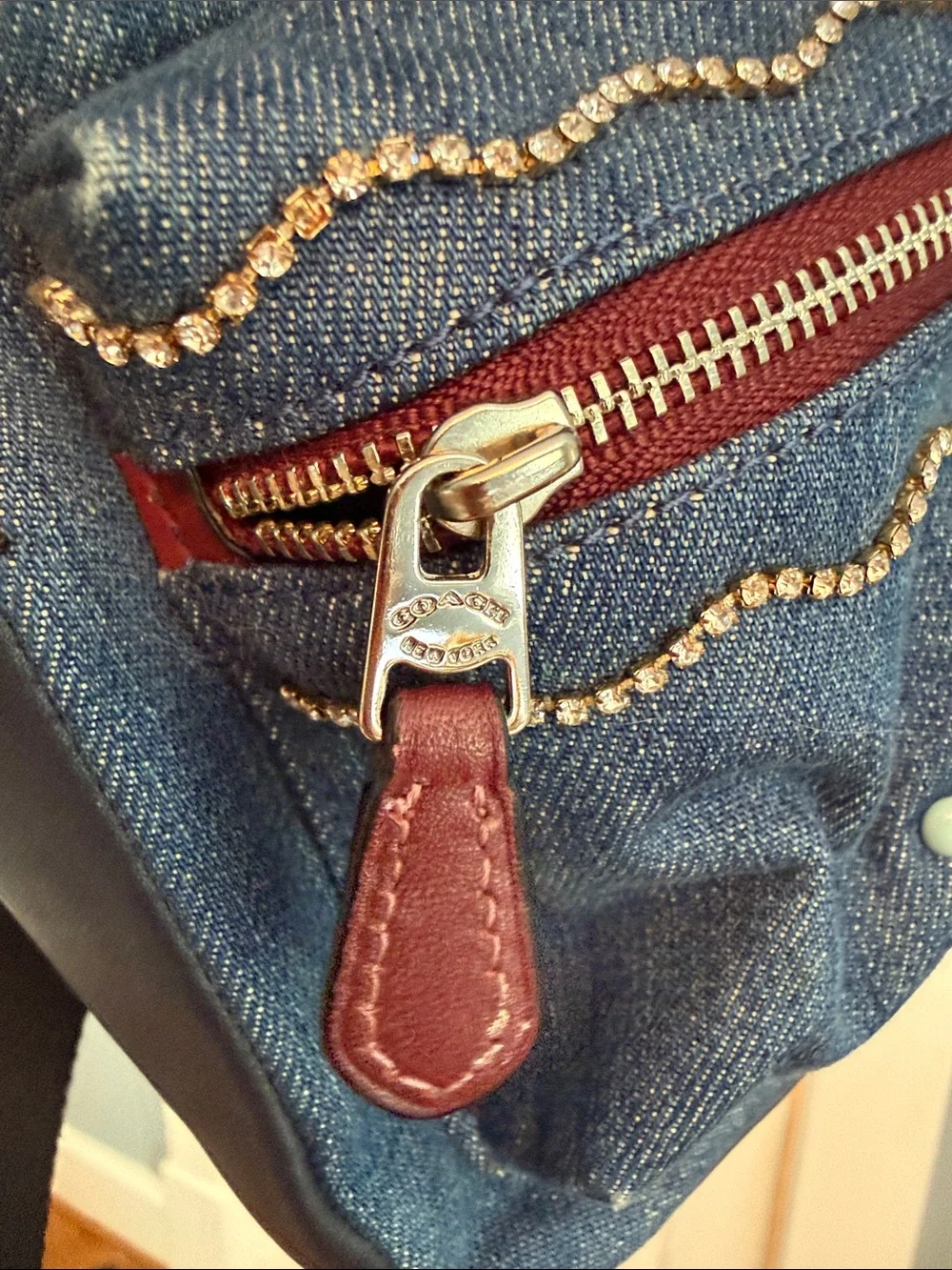 Authentic Coach Burgundy Leather/Denim mini backpack with patchwork/rhinestone